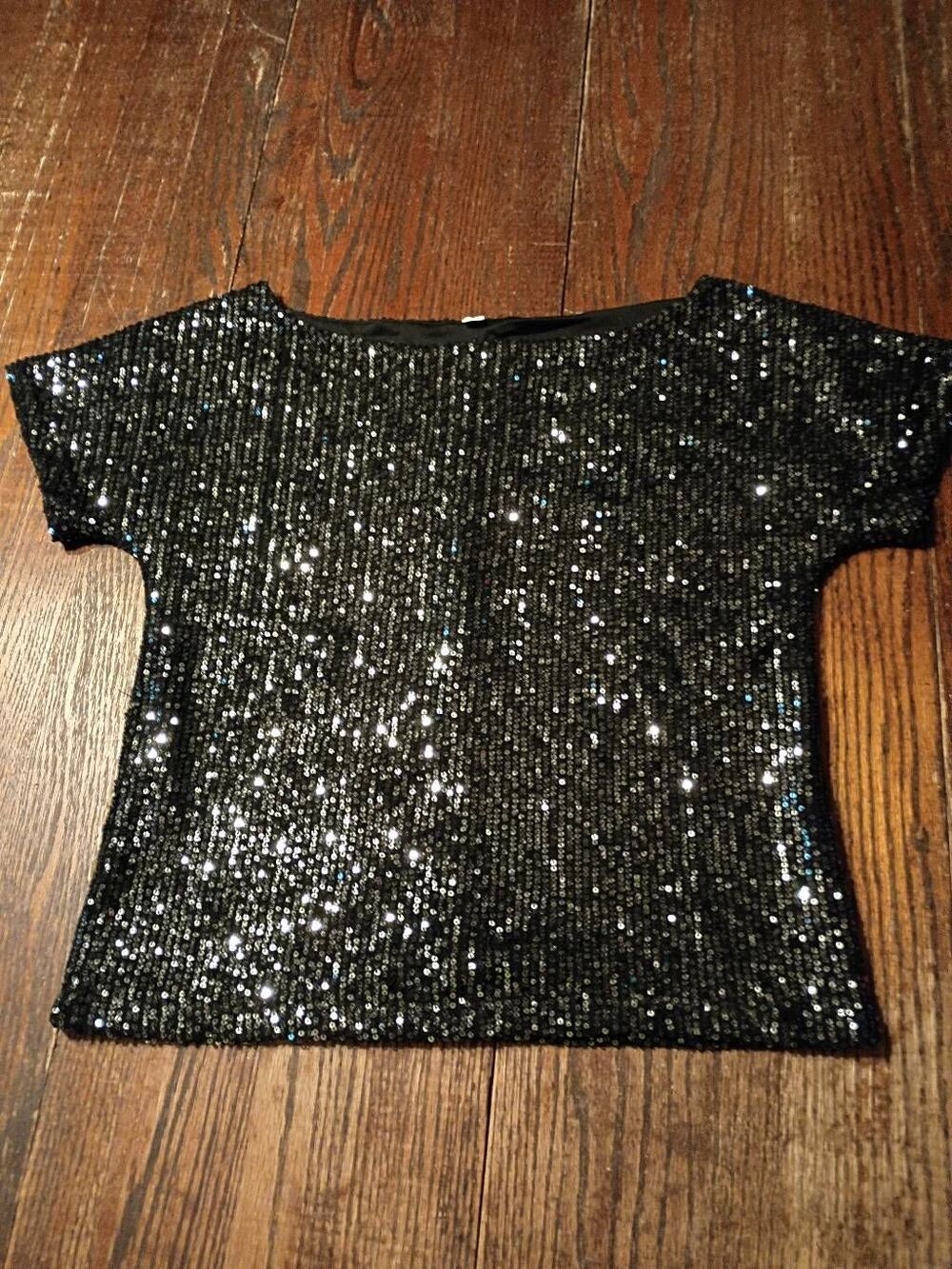 Small Black Sequin Embellished Short Sleeve Round Neck Pullover Blouse Shirt Top